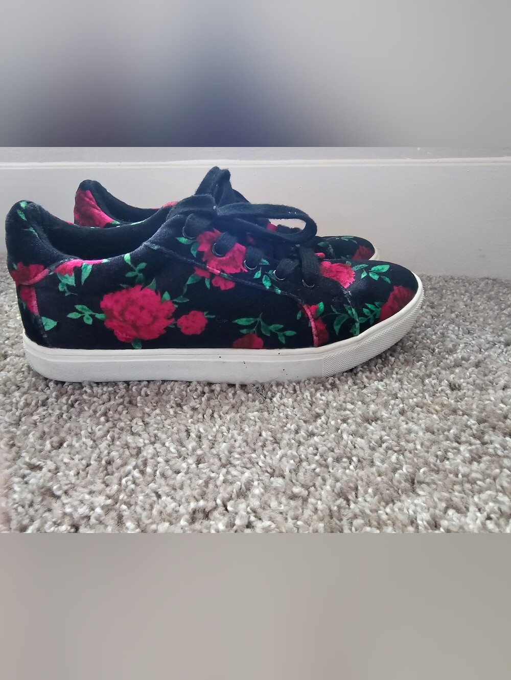 Betsy Johnson Floral Velvet Sneakers - Black with Pink Roses